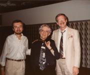 Quentin Crisp with two members at the Dignity/Central PA 10th Anniversary Celebration - July 20, 1985