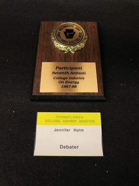 College Debate on Energy Plaque and Name Tag, c.1988