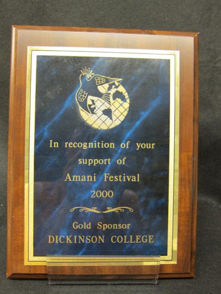 Amani Festival "Gold Sponsor" plaque, 2000