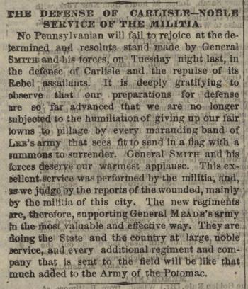 Philadelphia Inquirer, "The Defense of Carlisle - Noble Service of the Militia"