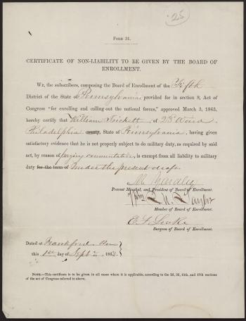 Certificate of Exemption from the Draft for William Trickett