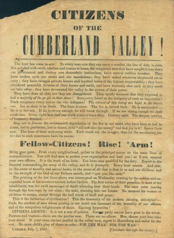 Broadside of "Citizens of Cumberland Valley!" Call to Arms