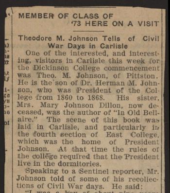 Carlisle Sentinel, “Theodore M. Johnson Tells of Civil War Days in Carlisle”