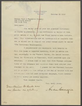 Letter from Andrew Carnegie to Funk & Wagnalls Company