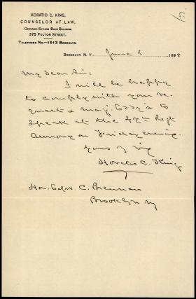Letter from Horatio Collins King to Edward Brennan