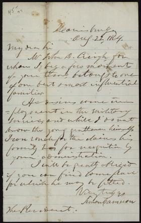 Letter from Simon Cameron to Abraham Lincoln