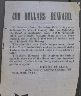 Broadside, Reward for Fugitive Slaves by Henry Culler
