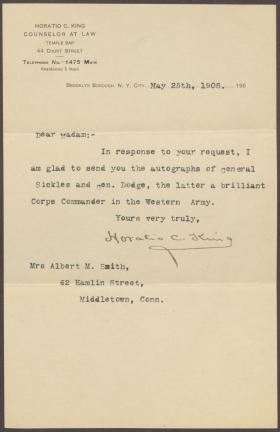 Letter from Horatio Collins King to Mrs. Albert Smith