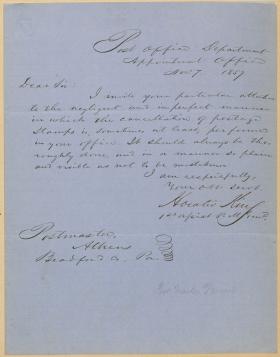 Letter from Horatio King to the Postmaster in Athens, PA