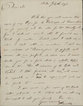 Letter from Joseph Priestley to Unknown Recipient
