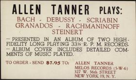 Postcard advertisement for Allen Tanner Plays Bach, Debussy, Scriabin, Granados, Rachmaninoff, Steinert