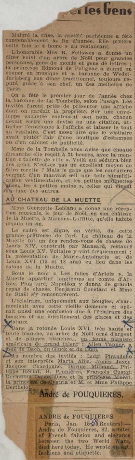 "Au Chateau de la Muette" clipping from unknown newspaper