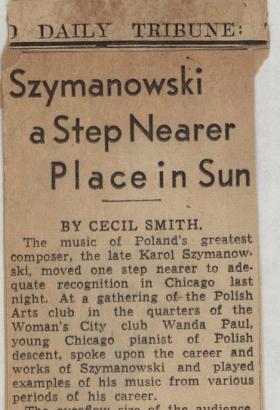 "Syzmanowski a Step Nearer Place in the Sun" by Cecil Smith, Chicago Daily Tribune newspaper clipping