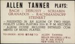 Postcard advertisement for Allen Tanner Plays Bach, Debussy, Scriabin, Granados, Rachmaninoff, Steinert