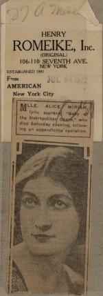 Alice Miriam obituary clipping from unknown newspaper