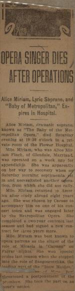 "Opera Singer Dies After Operations" clipping from unknown newspaper