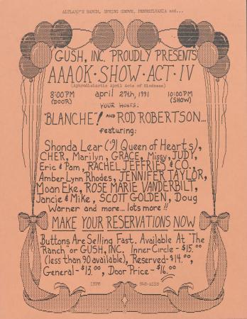  Altland's Ranch "Aphrodisiactic April Acts of Kindness [AAOK] Show: Act IV" Poster: Part 1 - April 27, 1991