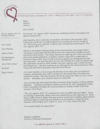 Arts Against AIDS Auction 1995 Announcements - October 29, 1995