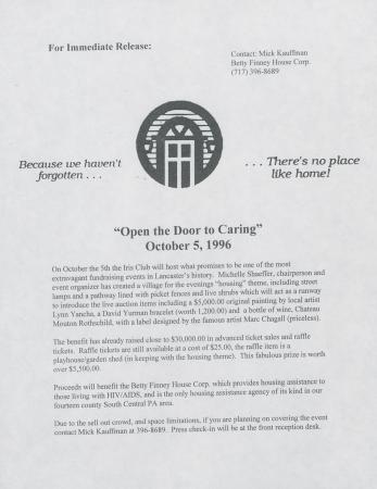''Open the Door to Caring'' Benefit Press Release Update - October 1996