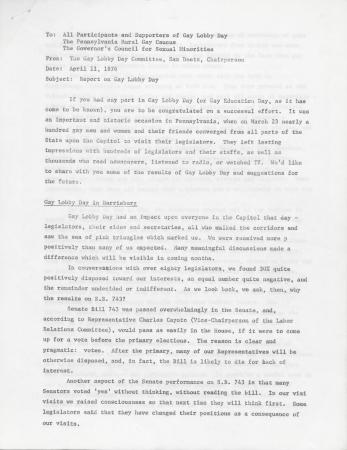Gay Lobby Day Report - April 11, 1976