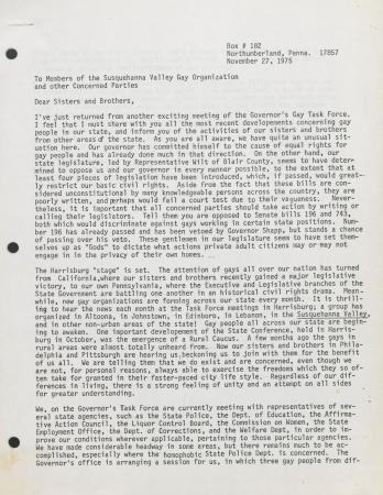 Letter to Susquehanna Valley Gay Organization (SVGU) from Sam Deetz - November 27, 1975