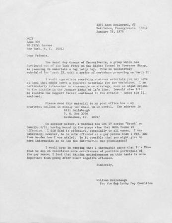 Letter to the National Gay Task Force (NGTF) from the Gay Lobby Day Committee - January 28, 1976