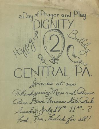 Dignity/Central PA, Thanksgiving Mass and Picnic Flyer - July 17, 1977