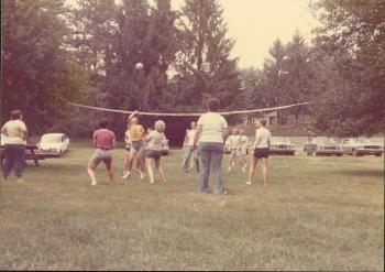 Member ready to spike during first volleyball game at the Dignity/Central PA Picnic - August 22, 1976