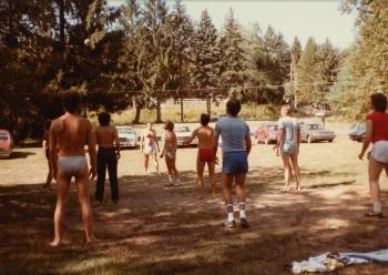 Members watching the volleyball in the air at the Dignity/Central PA Picnic – August 1983