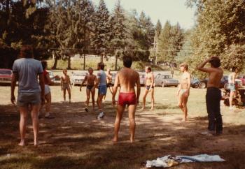 Member serving the volleyball during game at the Dignity/Central PA Picnic – August 1983