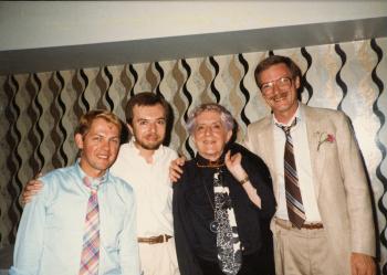 Quentin Crisp with three members at the Dignity/Central PA 10th Anniversary Celebration – July 20, 1985 