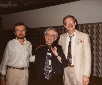Quentin Crisp with two members at the Dignity/Central PA 10th Anniversary Celebration - July 20, 1985