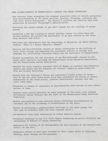 Accomplishments of the Pennsylvania Governor's Council for Sexual Minorities - circa 1979