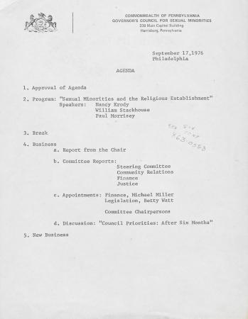 Governor's Council for Sexual Minorities Meeting Agenda - September 17, 1976