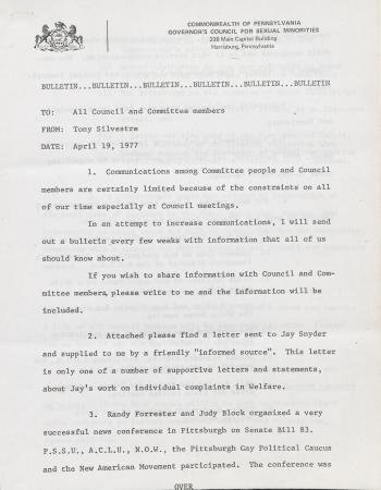 Governor's Council for Sexual Minorities Bulletin - April 19, 1977
