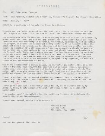 Governor's Council for Sexual Minorities Memo - January 1, 1977 
