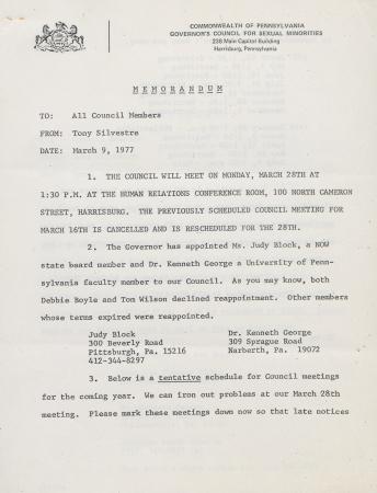 Governor's Council for Sexual Minorities Memo - March 9, 1977