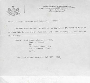 Governor's Council for Sexual Minorities Memo - September 1977 