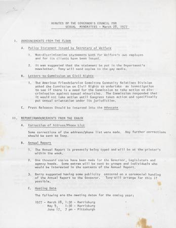 Governor's Council for Sexual Minorities Meeting Minutes - March 28, 1977