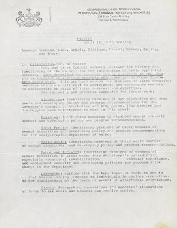 Governor's Council for Sexual Minorities Meeting Minutes - April 12, 1978 