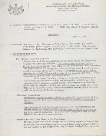 Governor's Council for Sexual Minorities Meeting Minutes - July 11, 1978