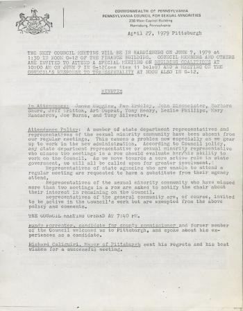 Governor's Council for Sexual Minorities Meeting Minutes - April 27, 1979