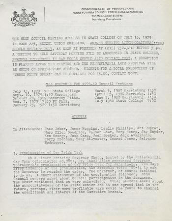 Governor's Council for Sexual Minorities Meeting Minutes - July [7], 1979