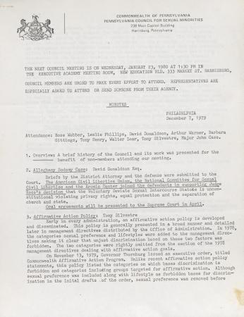 Governor's Council for Sexual Minorities Meeting Minutes - December 7, 1979