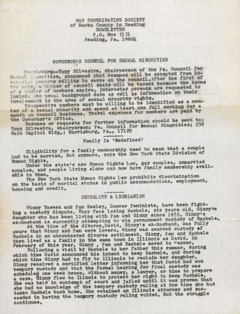 Gay Coordinating Society of Berks County, Reading (GCS Berks) Newsletter - December [1975]