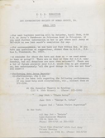 Gay Coordinating Society of Berks County, Reading (GCS Berks) Newsletter - April 1975