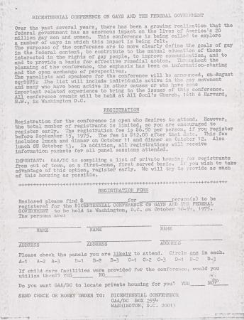 Bicentennial Conference on Gays and the Federal Government Registration and Schedule - October 1975