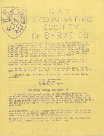 Gay Coordinating Society of Berks County, Reading (GCS Berks) Newsletter - February 1976