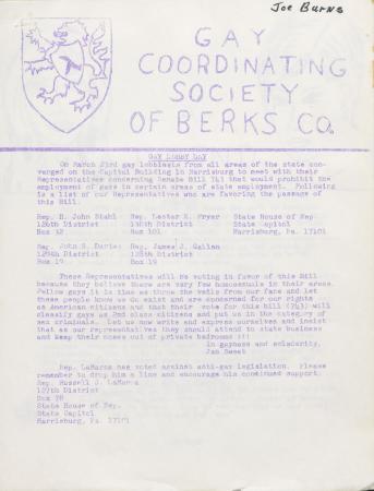 Gay Coordinating Society of Berks County, Reading (GCS Berks) Newsletter - April 1976