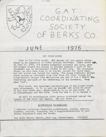 Gay Coordinating Society of Berks County, Reading (GCS Berks) - June 1976
